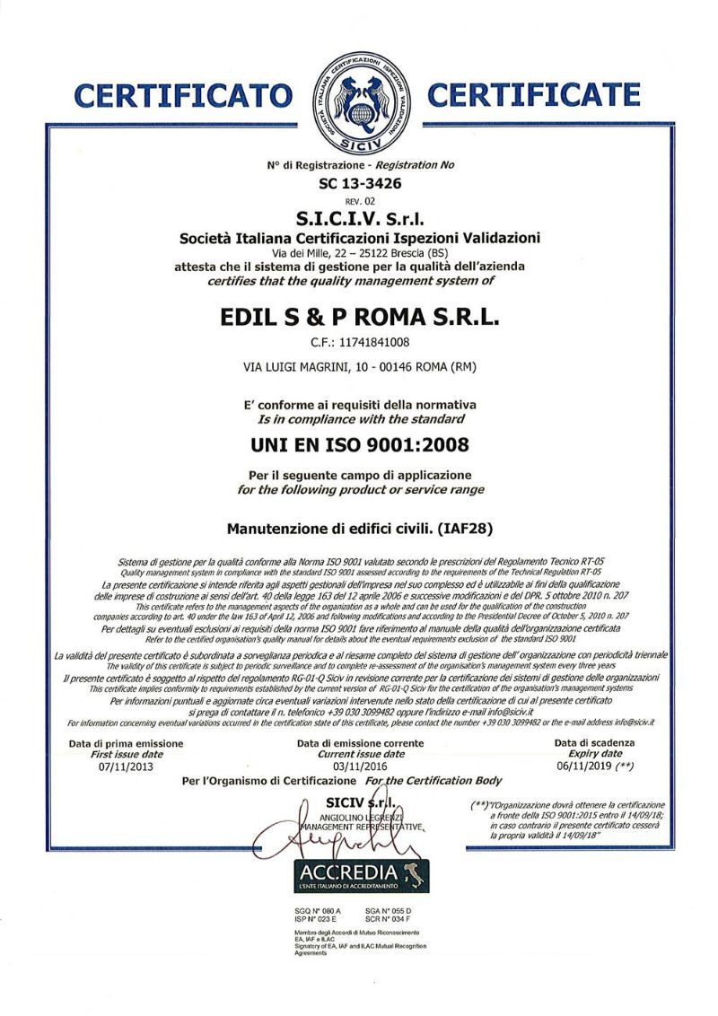 Certificazioni Edil S P Roma S R L